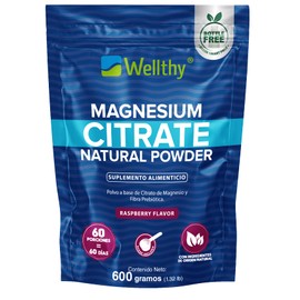Wellthy Citrato de Magnesio en Polvo 600g Sabor Raspberry. 60 Días de Porciones, Equivalente a 417mg de Magnesio por Porción, Reforzado con Fibra Preb