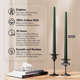 Pickood New Burning Formula Unscented Dripless 12-Inch Taper Candles Set of 12 - Dark Green, for Wedding, Dinner - Smokeless, Long Burning - Hand Poured, Colored Tall Candlesticks - Verde Oscuro