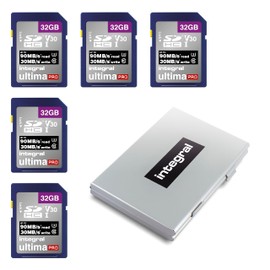 Integral 32GB SD Card in a 6 Slot Protective Metal SD Card Holder Case - 4K Ultra-HD Video Premium High Speed 90MB/s Read Speed and 30MB/s Write Speed - SDHC V30 UHS-I U3 Class 10 SD Memory Card