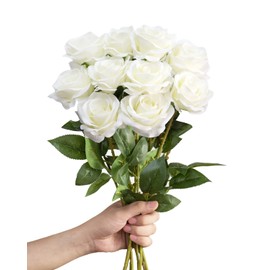 LFF 10pcs Silk Roses Artificial Flowers Fake Long Stem Roses for DIY Wedding Bouquet Home Decoration (Ivory)