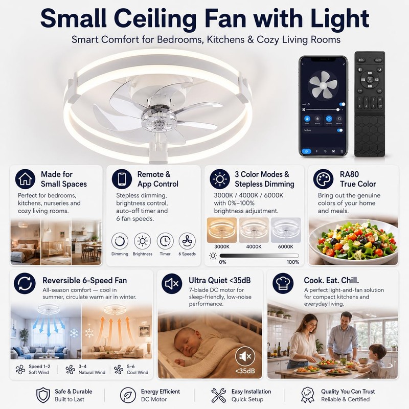 Bladeless Ceiling Fan with Light, 20 Inch Low Profile Flush