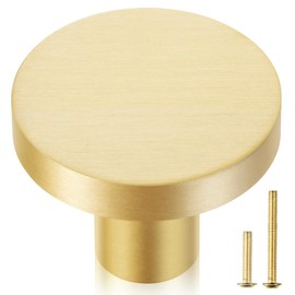 QOGRISUN 10-Pack Solid Brass Cabinet Knobs, 1-Inch Diameter, Round Gold Dresser Drawer Pulls Handles, Modern Kitchen Hardware, Brushed Brass Finish