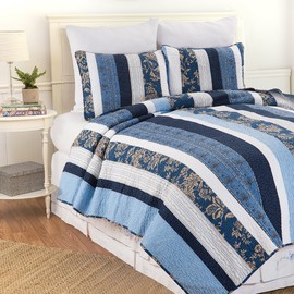 C&F Home Lakeland Spring Floral Blue Botanical Full/Queen 3 Piece Sham Machine Washable Reversible Cotton Quilt Set Full/Queen Quilt Set Blue