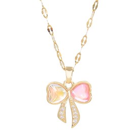 LittleFathand Bow Cute Necklace CZ Zirconia Bow Knot Pendant Necklace Pink Bowknot Choker Necklace for Women Teen Christmas Jewelry Gift