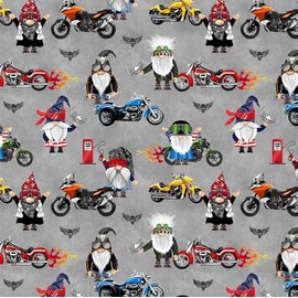 Timeless Treasures Bad to The Gnome CD2511 Grey Biker Gnomes Fabric