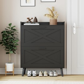 Homleke 32" W Farmhouse Shoe Storage Cabinet with 2 Flip Drawers and Barn Door Design, Adjustable Shelves, Modern Hidden Slim Narrow Shoe Rack Cabinet for Entryway, Foyer, Hallway, Living Room, Black