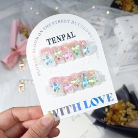 TENPAL Ocean Blue Pink Acrylic Nails,Handmade Press on Nails Coffin Medium,Summer Glitter Fake Nails With Starfish Fresh Rainbow Color Designs,Soft Gel Glue on Nails 10pcs,Medium Size