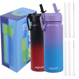 Water Bottle, 16 oz Water Bottles with Straw and Stickers, Stainless Steel Vacuum Double Wall Insulated cup,Water Bottle for School, Gifts for Girls (16OZ BLACK RED+16OZ PURPLR BLUE)