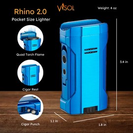 Visol Rhino 2.0 Butane Torch Lighter Quad Flame Refillable Gas Lighter, Built-in Rest, Two Built in Punches, Windproof Adjustable Flame Lighter (Shipped Without Butane)