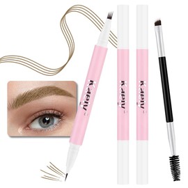 2 Pcs Brown Magic Microblading Eyebrow Contouring Pen Brow Pencil, with 4 Brush Micro-Fork-Tip Precise Applicator, Dual-ended Eyebrow Brush, Precise Waterproof Brow Pen, Eye Brow for Women, 04