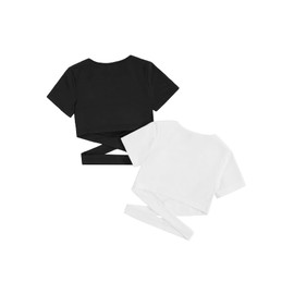 Milumia Girl's 2 Piece Cut Out Crisscross Tee Crop Tops Short Sleeve Round Neck T Shirts Black and White 10 Years