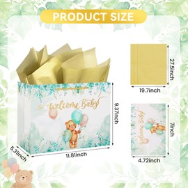 Paquete de 2 bolsas de regalo de bebé medianas, papel para baby shower, bolsas de ducha reutilizables de regalo para bebé con papel de seda y tarjeta de felicitación para niños y niñas (blanco y verde