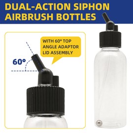 OPHIR 10xDual-Action Siphon Feed Airbrush Empty Plastic Bottles Kit with 60 Degree Angle Adaptor Lid Assembly,2.14-Ounce (60CC) for Airbrushes of OPHIR, Master,Paasche, Iwata, Badger