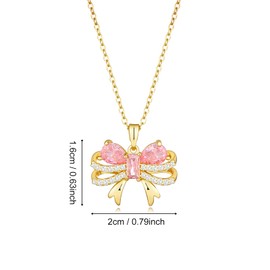 crataly Pink Rose Quartz Bow Necklace for Women-Gold Plated Zirconia Bow Jewelry for Valentine's Day Mother's Day Christmas Birthday Gifts