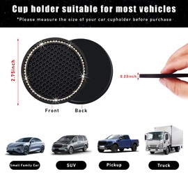 Kewucn 2 Pack Bling Car Cup Coaster, 2.75 Inch Rhinestone Silicone Auto Cup Holder Insert Coaster, Anti Slip Crystal Soft Rubber Cup Pad, Universal Vehicle Accessories for Women (Black&AB)