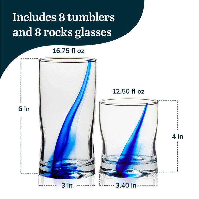 Libbey Blue Ribbon 16 Piece Tumbler and Rocks Glass Set,