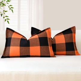 OTOSTAR Pack of 2 Gingham Buffalo Check Plaid Decorative Throw Pillow Covers Linen Christmas Tartan Lumbar Pillow Covers with Stitched Edge Farmhouse Pillow Cases for Sofa 12x20 Inch, Orange and Black