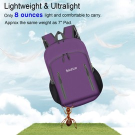 Bekahizar 20L Ultra Lightweight Backpack Foldable Hiking Daypack Rucksack Water Resistant Travel Day Bag for Men Women Kids Outdoor Camping Mountaineering Walking Cycling Climbing (Purple)