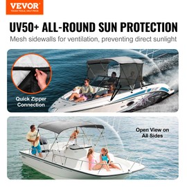 VEVOR 4 Bow / 3 Bow Bimini Tops, Detachable Mesh Sidewalls, 600D Polyester Canopy with 1" Aluminum Alloy Frame, Canvas Top for Boat Includes Storage Boot, 2 Support Poles, 2 Straps, Light Grey