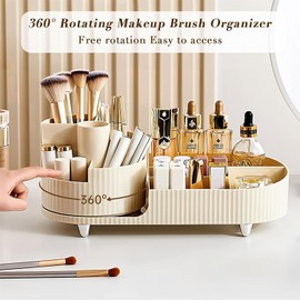 Kousee Makeup Organizer Countertop Rotating Makeup Organizer for Vanity Large Capacity Cosmetic Display Case with Makeup Brush Holder Cosmetic Organizer Countertop（Cream）