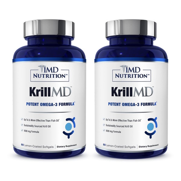 1MD Nutrition KrillMD - Antarctic Krill Oil Omega 3 Supplement with Astaxanthin, EPA, DHA | 2X More Effective Than Fish Oil | 60 Softgels (2-Pack)