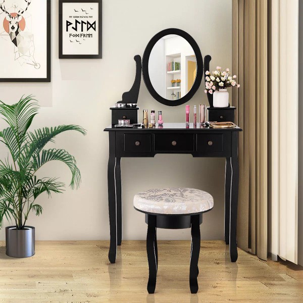 Unbrand Black Makeup Table Vanity Table Set Cushioned Stool Mirror