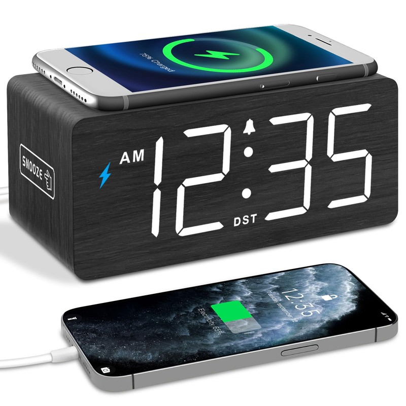 DreamSky Wooden Digital Alarm Clock with Wireless Charging for Bedroom,