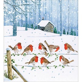 Woodmansterne Artistic Charity Christmas Cards - Winter Robins on Wire Fence Snowy Landscape - Eco-Friendly & Recyclable - Pack of 5 Cards