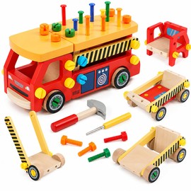 HIWO Carpenter Toy Assembly Toy Fire Truck Wooden Tools Car DIY Screw Car Truck Training Carpenter Indoor Play 3 4 5 6 Years Old Girls Boys Birthday Present Ranking Children's Educational Toy