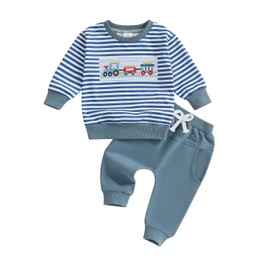 Geagodelia Toddler Baby Boy Fall Winter Outfit Clothes Embroidered Tractor Striped Sweatshirt Jumper Top Trouser Jogger Clothing Set (Blue, 3-6 Months)