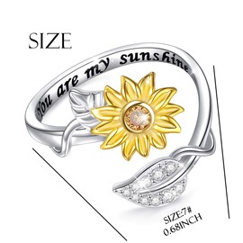 Flyow 925 Sterling Silver Ring Adjustable Open Sunflower and Leaves Rings with You are My Sunshine for Women Girls（N 1/2 ）