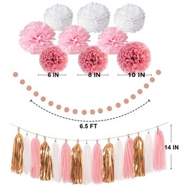 SKTMH Pink Rose Gold Birthday Party Decorations Set with Happy Birthday Banner Circle Dots Garland Tassel Garland Tissue Paper Pompoms for Women Girls Birthday Party Decorations