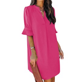 QACOHU Summer Dresses for Women 2025 Breathable V-Neck Ruffle Short Sleeve Wedding Guest Midi Dress Rose Pink XXL