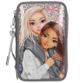 Depesche 13315 TOPModel My BFF Filled 3-Compartment Pencil Case in Grey and Pink, with Model Motif and Glitter, Pencil Case with Coloured Pencils, Scissors, Ruler and Much More
