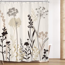 Omifly Beige Shower Curtain Cream Tan Floral 60Wx72L Taupe Brown Silhouette Flower Boho Wildflower Leaves Plants Botanical Vintage Bathroom Set 12 Plastic Hooks Waterproof Toilet Accessories Decor