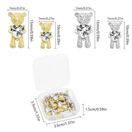 Bear Nail Art Rhinestones, UHOMENY 3D Shiny Alloy Bear with Heart Crystal Bear Shaped DIY Nail Art Decoration Luxury Jewelry Diamond Manicure Nail Ornaments with Plastic Box (Silver&Gold 32)