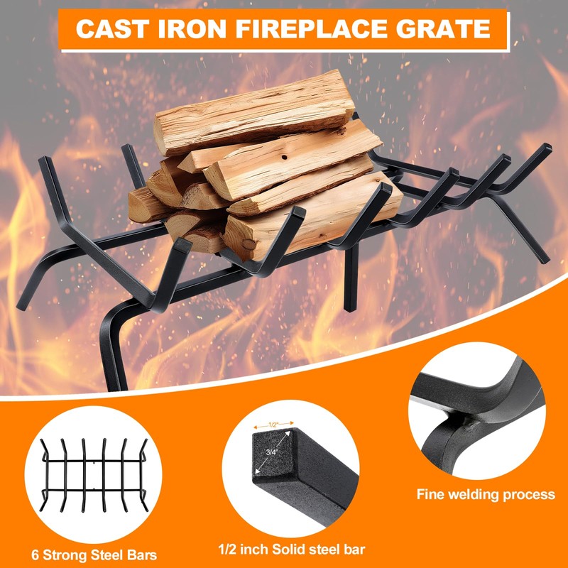 Luoieo Fireplace Grate,Fireplace Log Holder,27 inch Heavy Duty Solid Cast