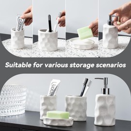White Ceramic Bathroom Accessories Set - Sand Dot Glaze Hand Hammer Pattern Design - 4-Piece Bathroom Accessory Set Includes Lotion Dispenser, Toothbrush Holder, Tumbler, and Soap Dish