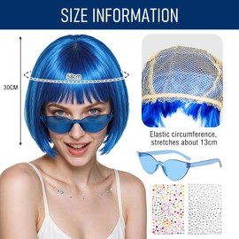 Bob Wig for Women, Blue Wig with Heart Neon Sunglasses Face Gems Hair Cap,Short Synthetic Party Wigs Funny Cosplay Hairpieces for Women Men Daily Bachelorette Halloween Costume Party Decorations