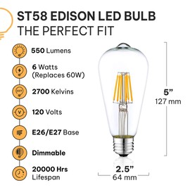 HUDSON BULB CO. Vintage Incandescent Edison Light Bulbs 60W (4 Pack)- E26/E27 Base 2100K Dimmable Decorative Lightbulbs - ST58 Style Warm Light (2700k Soft White, 6 - Dimmable)