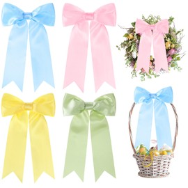 Riceshoot 4 Pcs Easter Spring Wreath Bow 9.5x16 Inches Large Colorful Ribbon Premade Bows for Gifts Basket Pink Yellow Blue Green Favor for Door Tree Topper Wall Indoor Outdoor DIY Crafts Decor