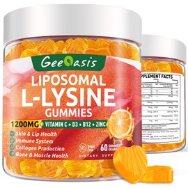 Liposomal L-lysine Gummies 1200mg, Lysine Chewable Supplement with Vitamin C, D3, B12 & Zinc for Adults & Kids, Immune & Collagen Support, Lips & Skin Health, Vegan, Natural Fruit Flavor, 60CT