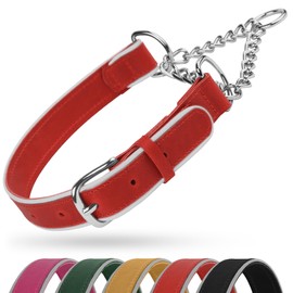 OOPSDOGGY Leather Martingale Dog Collar - Reflective Adjustable No Pull Stainless Steel Chain Training Collars for Small Medium Large Dogs Puppy (Red, Small, 12"-15.5")