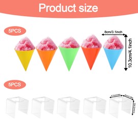 5pcs Reusable Snow Cone Cups with 5pcs Acrylic Brackets, 4.1x3.1 Inch Plastic Shaved Slushy Slushie Ice Cream Holder for Nostalgia & Cuisinart Snow Cone Machines (Yellow, Red, Blue, Orange, Green)