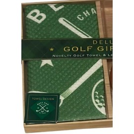 Deluxe Golf Gift Set with Novelty Towel and Leather Luggage Tag, Green and Brown