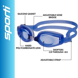 Sporti Unisex Adult Negative Optical Swimming Goggles, Antifog Swim Goggles for Men & Women, Shatter-resistant, Double Straps - Pro II - Blue Lens/Blue Frame - Negative 4.0