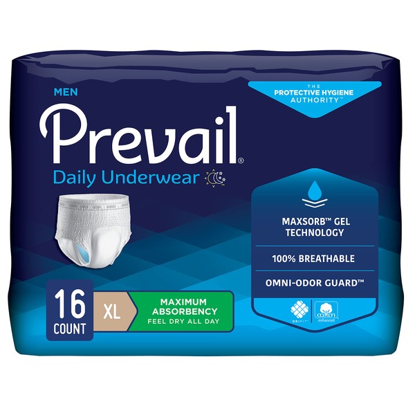 Prevail Mens Protective Daily Underwear | Size X-Large | Maximum Absorbency | 16 Count