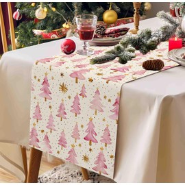 Christmas Table Runner 13x72 Inch, Pink Merry Christmas Trees Table Decors for Seasonal Winter Xmas Holiday Farmhouse Home Kitchen Dining Party