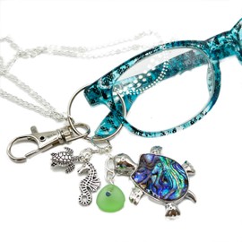 Sea Turtle Lanyard for Eyeglasses or ID Badge - Abalone Shell Eyeglass Chain - Sea Glass Necklace for Glasses - Mother's Day Gifts for Mom