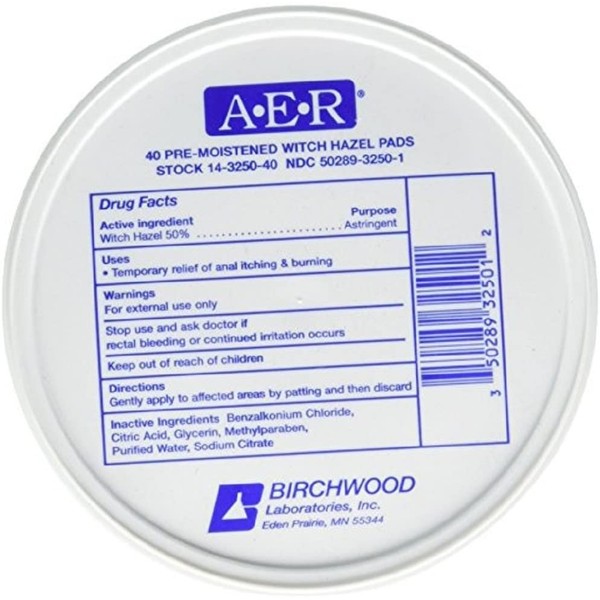 BIRCHWOOD Laboratories A-E-R Pre-Moistened Witch Hazel Pads, 160 Count (Pack of 4)